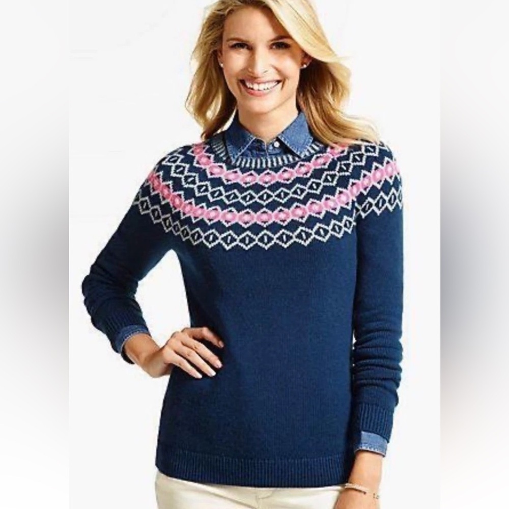 TALBOTS Navy Blue & Pink Diamond Fair Isle Sweater Size Medium